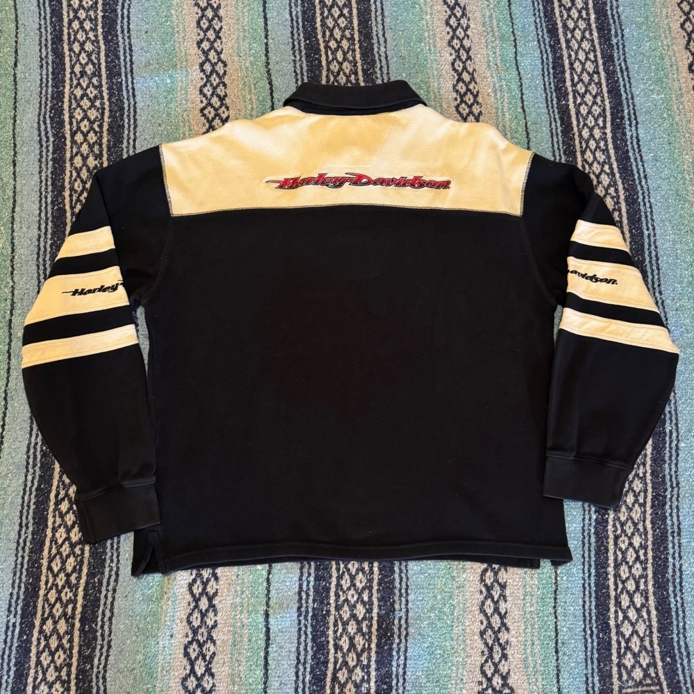 Harley-Davidson Mens Long Sleeve Polo Rugby Shirt Black Cream Racing Stripe - Picture 2 of 10